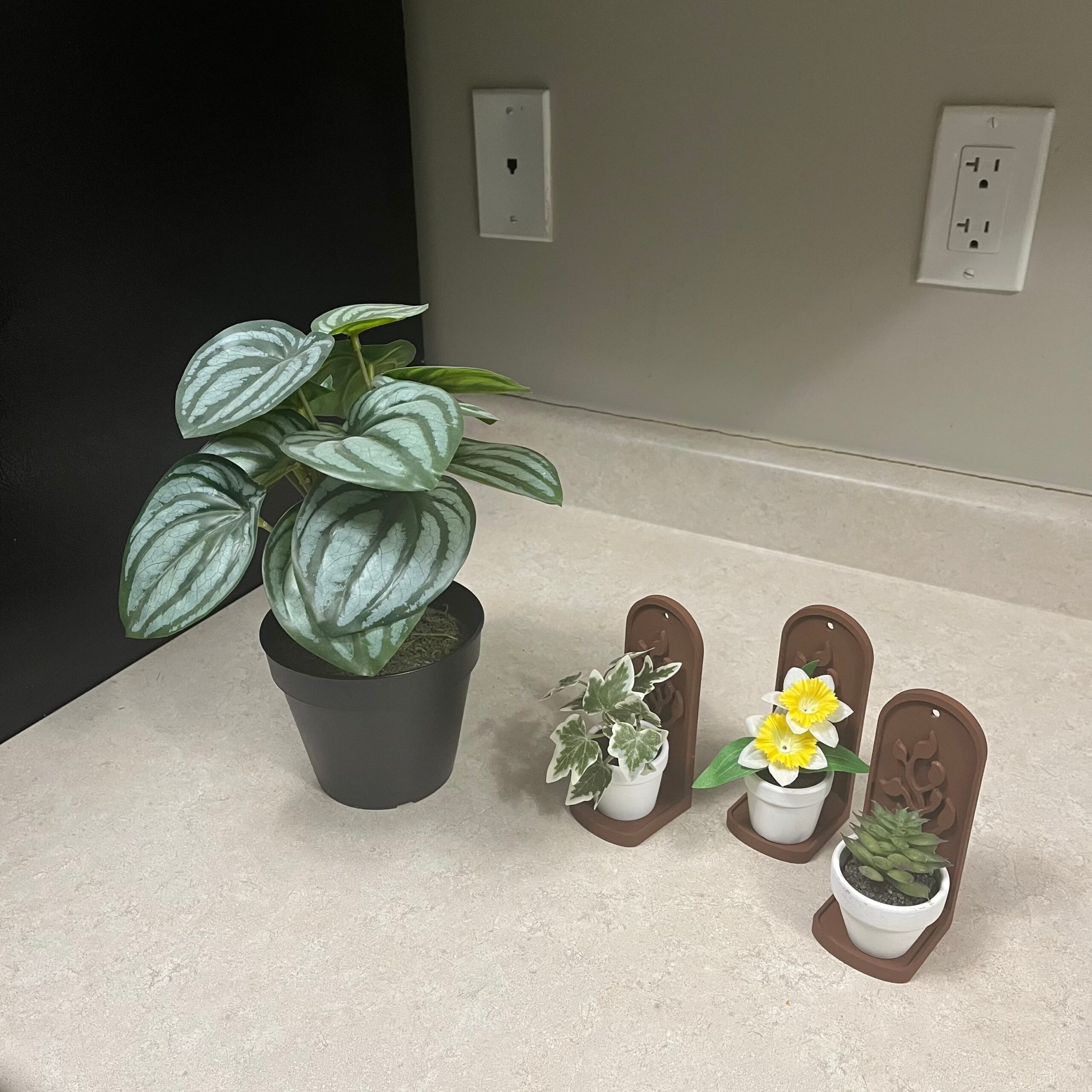 A picture of three mini plant stands and a plant for scale.